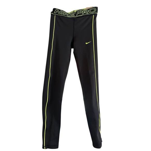 Nike PRO Dri-fit Tight Leggings Size M 10-12 Kids Black w Stripes Elastic Waist - Picture 1 of 11